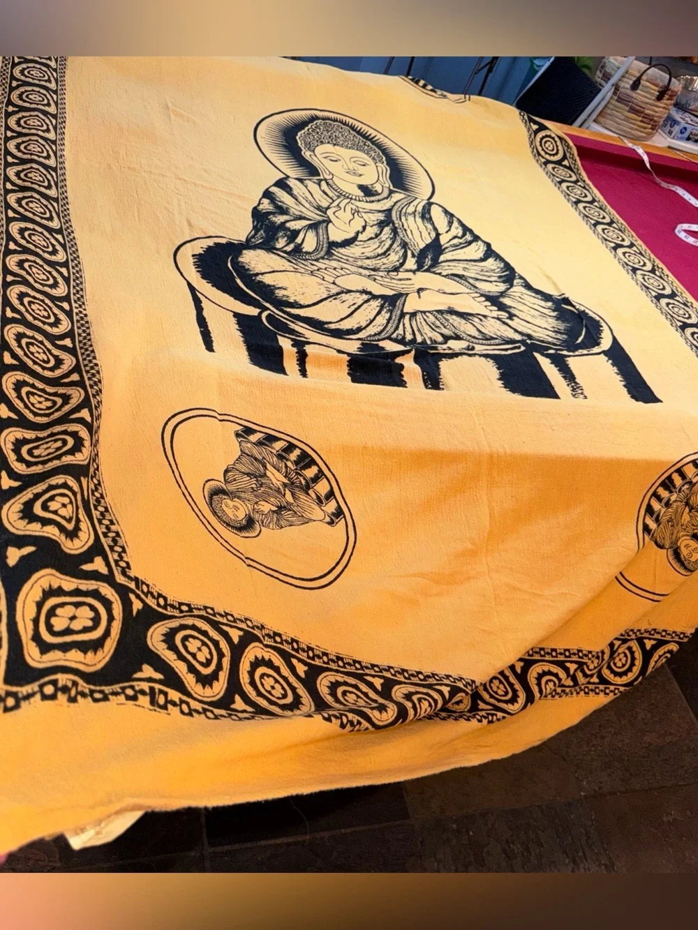 Buddha GOLD Black Cotton Tapestry BIG light Wt Blanket ART Wiccan 98x60” YOGA XL